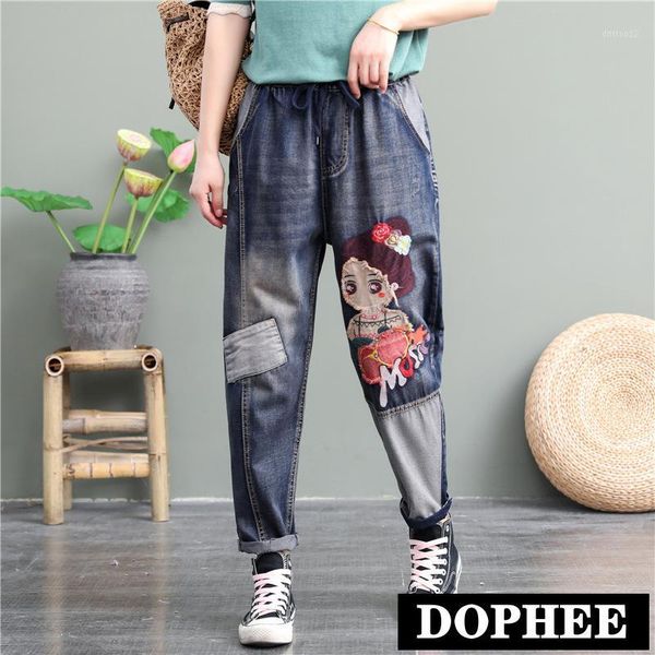 

women's jeans loose casual women's autumn 2021 cartoon girl patch straight-leg pants washed ripped denim students plus size1, Blue