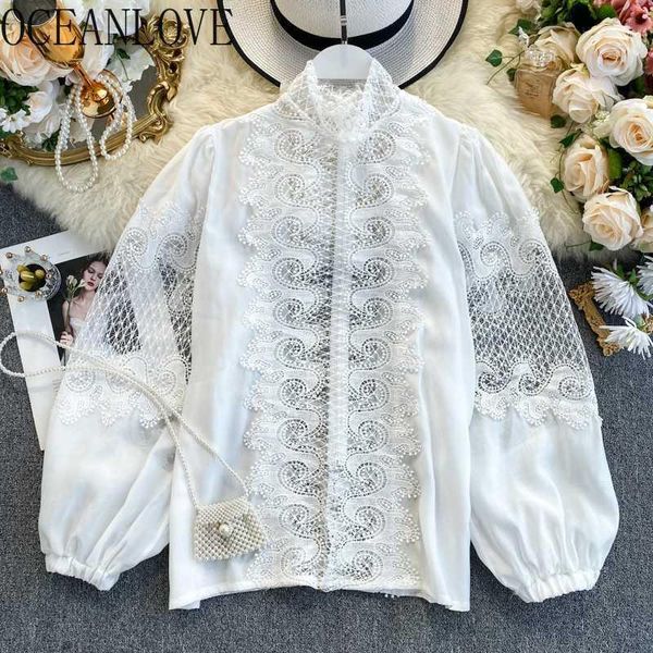 

oceanlove women lace hollow out solid spring puff sleeve blouse vintage korean fashion elegant blusas mujer 151361, White