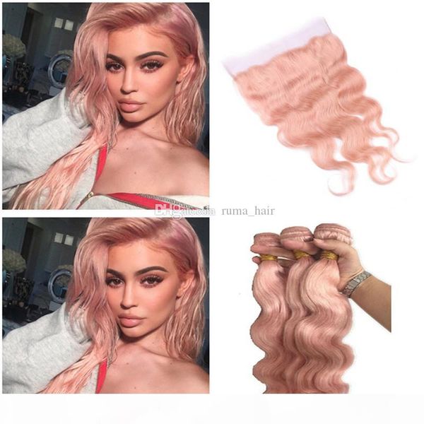 

new year arrive pink peruvian hair with frontal closure 4pcs lot pink body wave virgin human hair 3 bundles with 13x4'' lace front, Black;brown