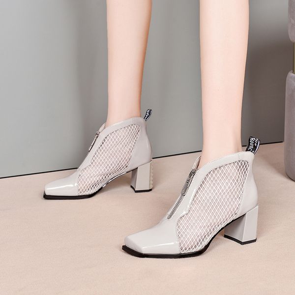 

four seasons net bootsfront zipper square head gordon cabinet patent cowhide low-hollow ou lady shoes -40, Black