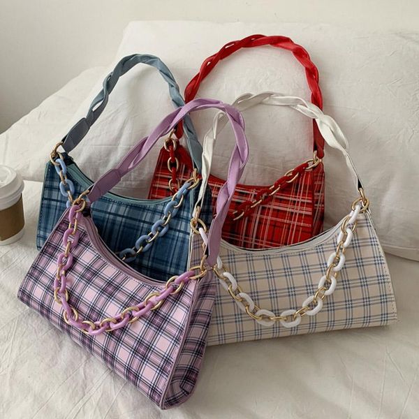 

new 2020 trend fashion plaid baguette bag with chain for women women's small designer shoulder bag female casual handbag purse