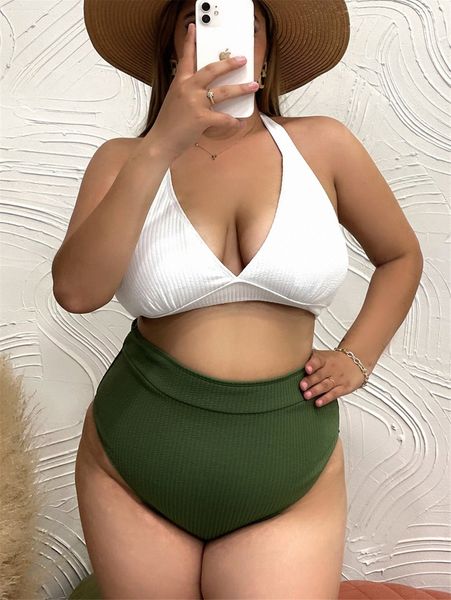 

plus solid rib halter bikini swimsuit g8nu#, Black