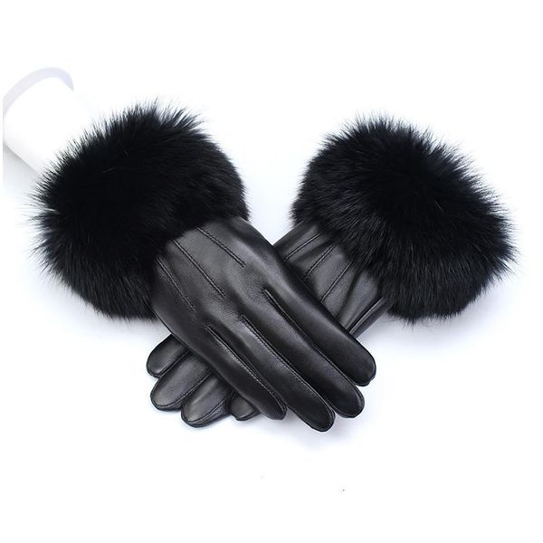 

2019 winter glove woman genuine leather gloves rabbit hair luxurious sheepskin touch screen gloves handschoenen guant jllpiw, Black