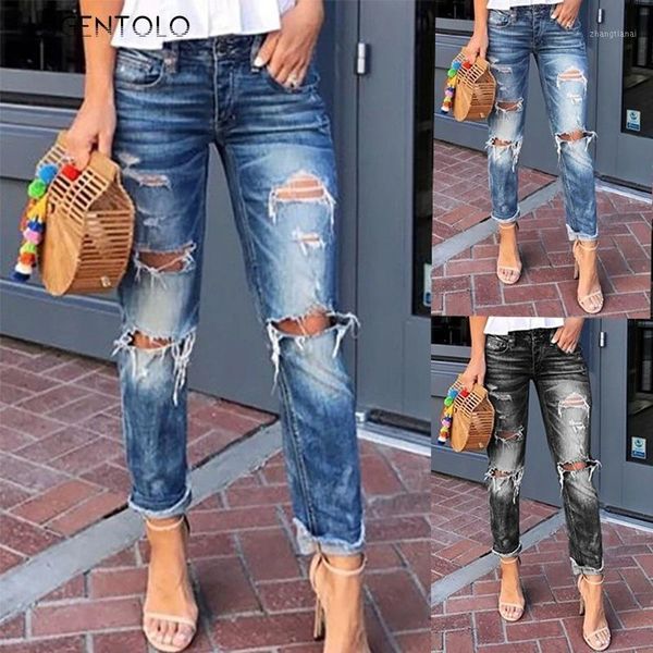 

lugentolo women's casual jeans washed with holes slim ripped straight jeans female fashion street long all-match1, Blue