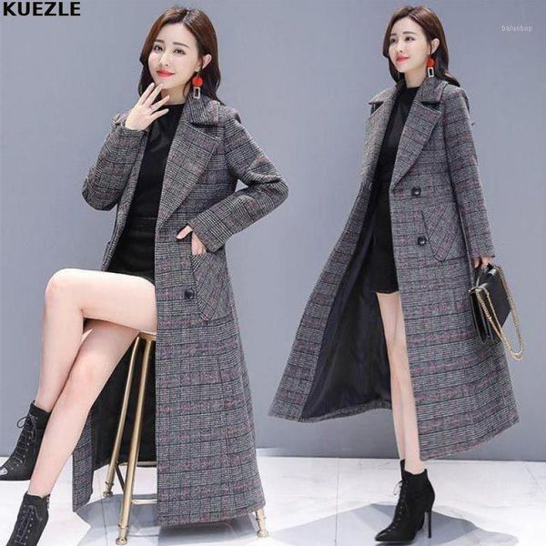 

long autumn and winter fashion windbreaker women 2020 fashion lattice double-breasted jackets coat elegant woman maxi coats1, Tan;black