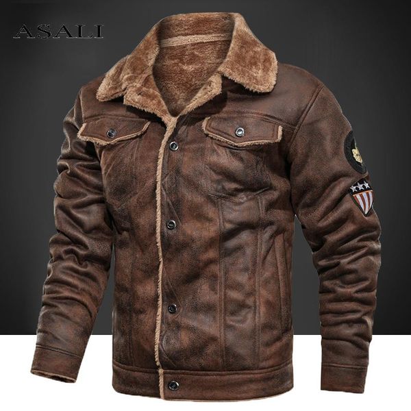 

men's fur & faux winter retro leather jacket men fleece wool warm jackets coat outwear male casual thicken windproof overcoats, Black