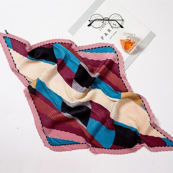 

women small silk square scarf crinkle hair scarfs for ladies pleated scarves print female foulard neckerchief, Blue;gray