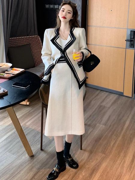 

two piece dress autumn and winter white elegant woman's office suit vintage woolen coat high waist skirt set blazer female outfit