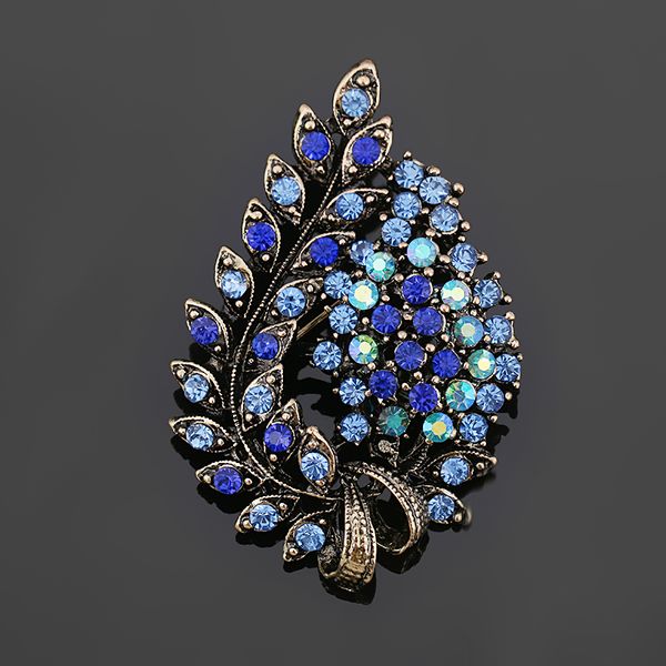 

assorted colors red coffee blue and purple crystal rhinestones flower leaf brooch pins in antique gold color plated, White