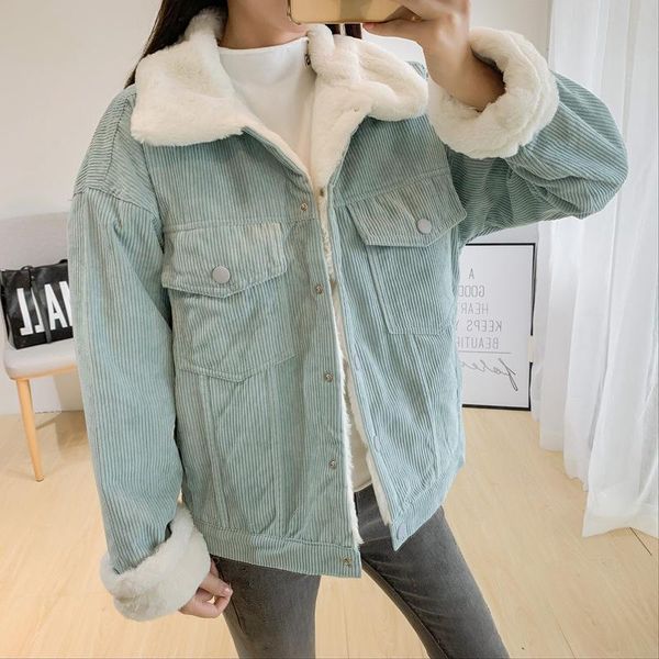 

corduroy джинсовая короткая пальто женщины осень зима корея мода искусственный мех джинсовая куртка теплый сплошной цвет ягненка шерсть верх, Black;brown