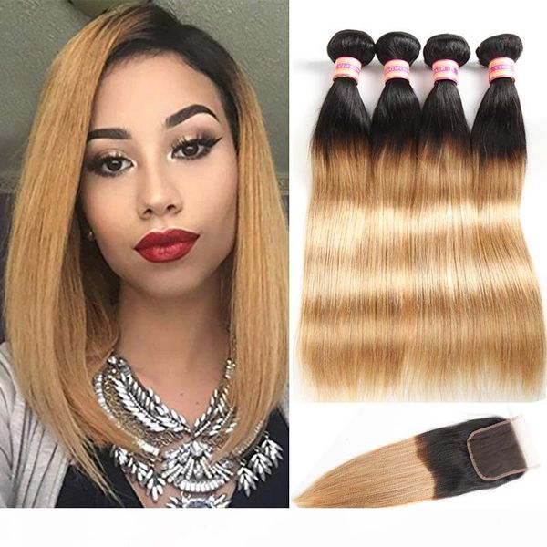 

ombre brazilian straight hair with closure 1b 27 1b 4 27 blonde human hair bundles brazilian virgin hair bundles with closure, Black;brown