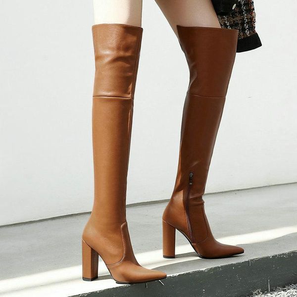 

brand women boots fashion pointed toe zipper over the knee boots female square high heel autumn winter brown, Black