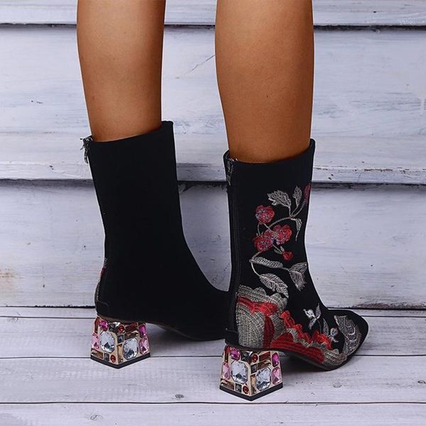 

mid-calf boots embroidered zipper dropshipping women's large size ladies nude boot autumn female square colorful heel1, Black