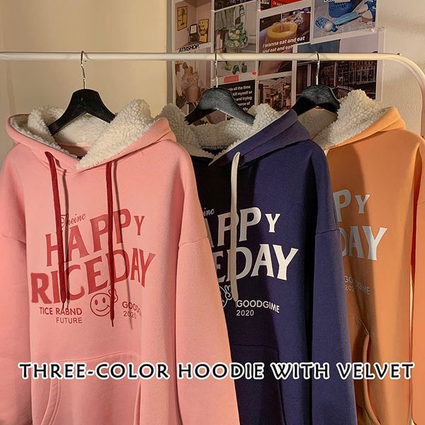 

men's and women's hooded plus velvet thick winter loose pullover fleece lamb wool hoodies 2021, Black