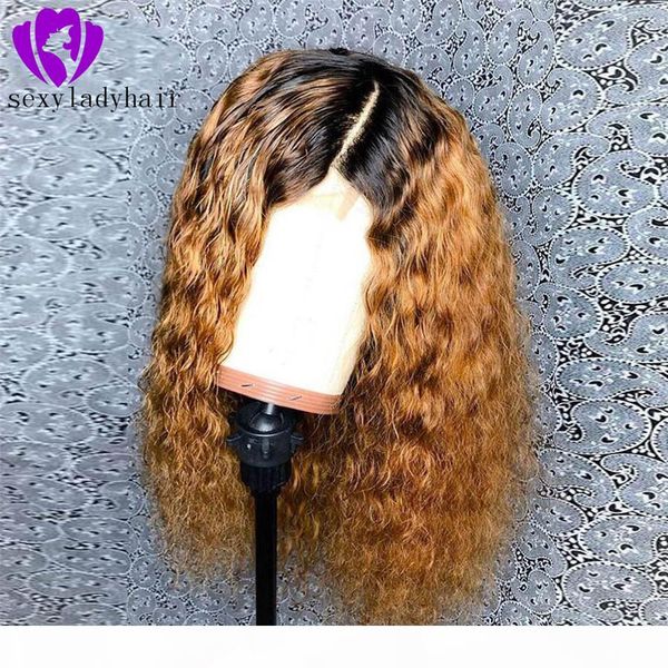 

deep part ombre color kinky curly synthetic lace front wig 180% heavy density heat resistant fiber long curly full lace wigs for women, Black