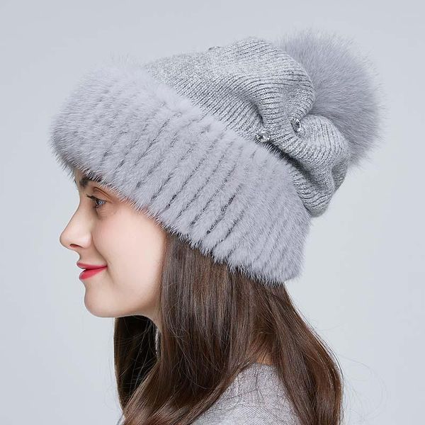 

beanie/skull caps fashion women knitted wool hats winter thick warm slouchy female with fur pom earmuffs beanies, Blue;gray