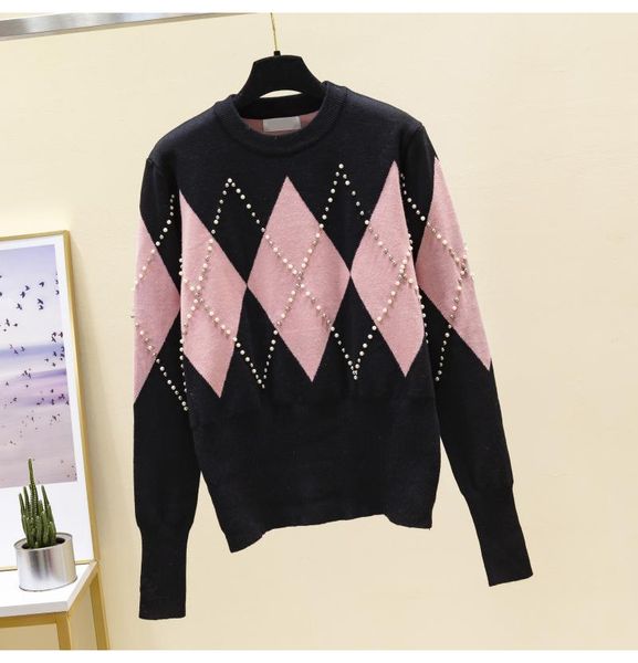 

women's sweaters design o-neck long sleeve beading geometric print color block luxury fashion pullover sweater jumper smlxl, White;black