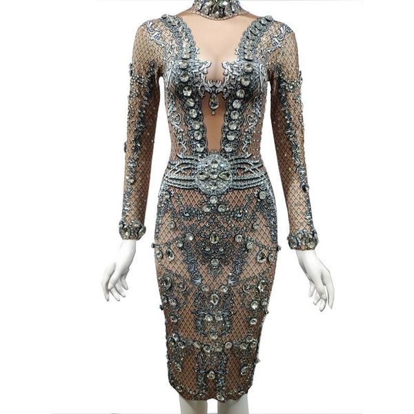 

sparkly silver crystals long sleeve dress women evening birthday party dresses club outfit singer stage performance costume, Black;gray