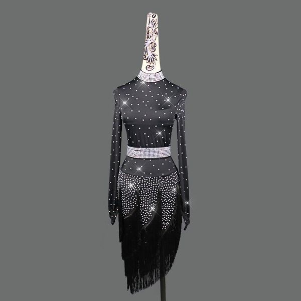 

stage wear women black latin dance dress competition costume long sleeve performance dresses ballroom fringe skirt samba, Black;red