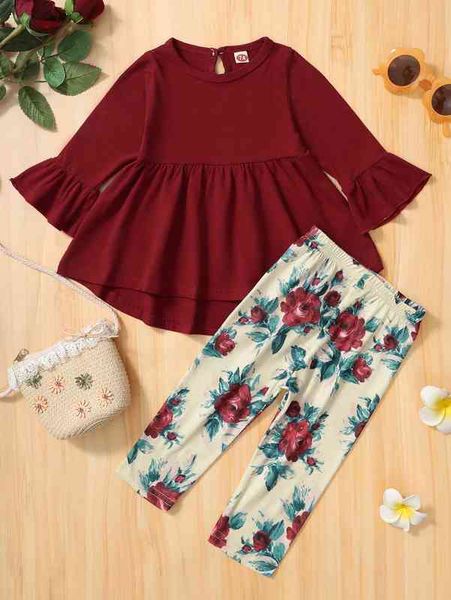 

baby flounce sleeve high low & floral print leggings she, White