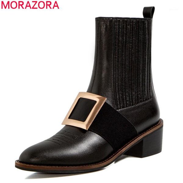 

boots morazora 2021 arrival women genuine leather thick heels round toe fashion ankle autumn winter1, Black