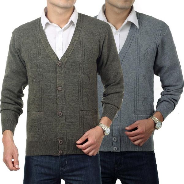 

2020 new style middle-aged dad mens wear solid color v-neck cardigan fall winter clothes coat elderly people sweater, White;black