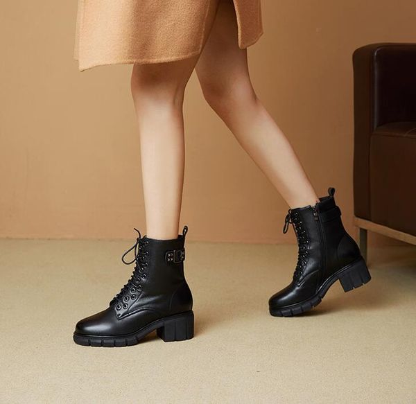 

2020 new boots thick heel lace round toe high heel boots round toe leather boots, Black