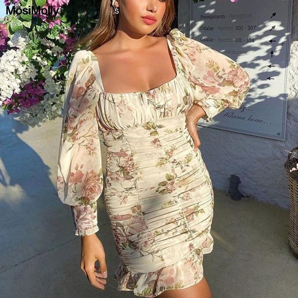 

mosimolly chic floral pirnt chiffon dress birthday party club dress ruffle print cutest female vestidos puff sleeve, Black;gray