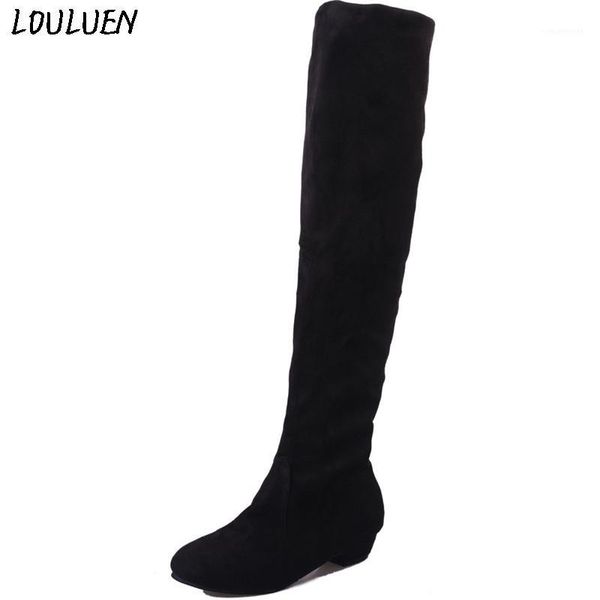 

boots louluen 2021 women winter autumn flat shoes high leg suede short long beauty gift roman laarzen bottes mujer1, Black
