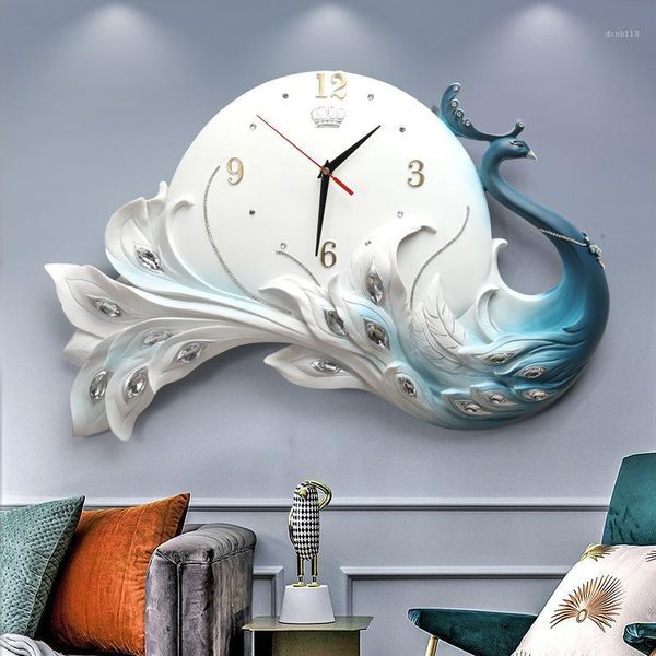 

3d wall clock wall stickers living room decoration resin peacock clock modern design home decor creative digital1
