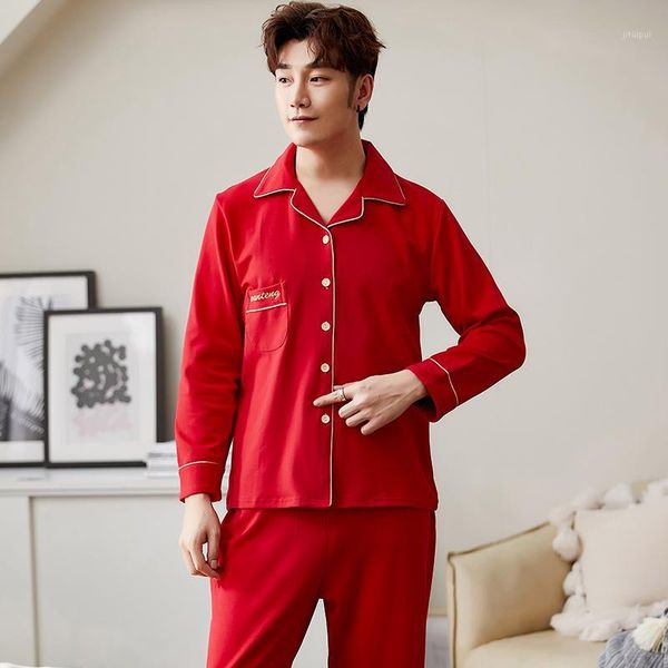 

new autumn men pajamas long sleeve red cardigan male pajama set men pure full cotton pajamas for sleepwear suit homewear 4xl1, Black;brown