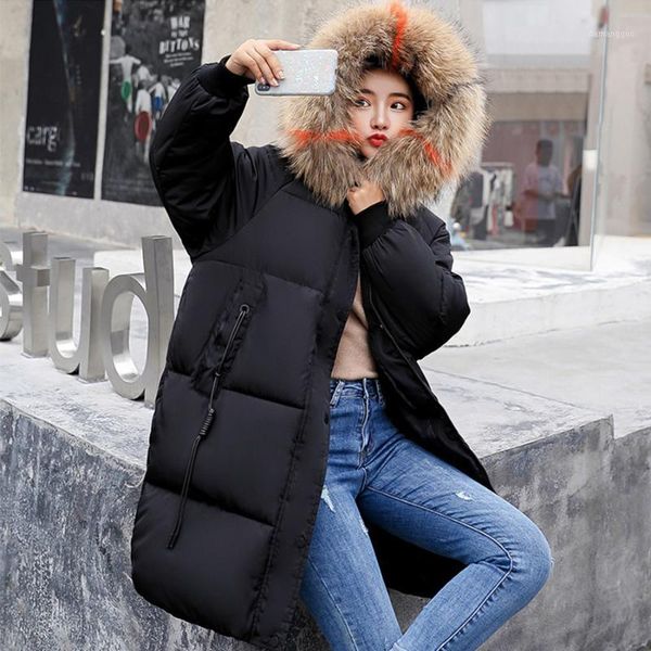 

fur hooded long cotton coat women winter solid zipper plus size down jackets female korean parka coats thicken warm outerwears1, Black