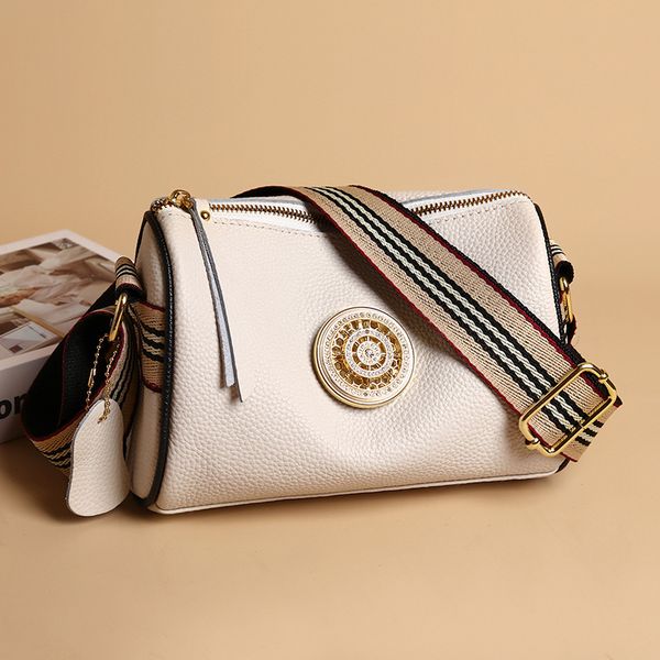 

Wholesale ladies Genuine leather shoulder bags retro striped wide shoulders strap women crossbody bag leathers solid color fashion backpack soft storage wallet