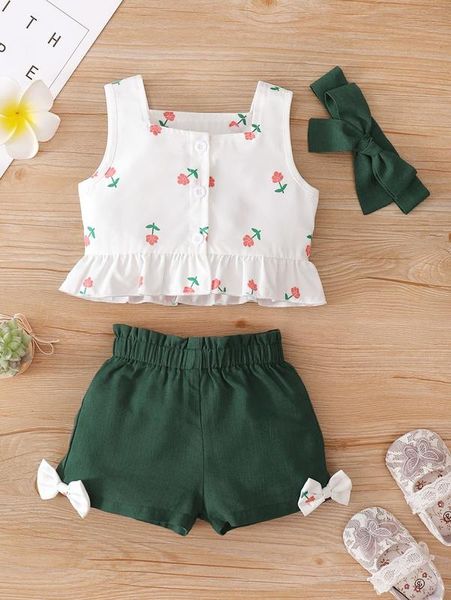 

baby girl floral peplum tank & bow shorts & headband she, White