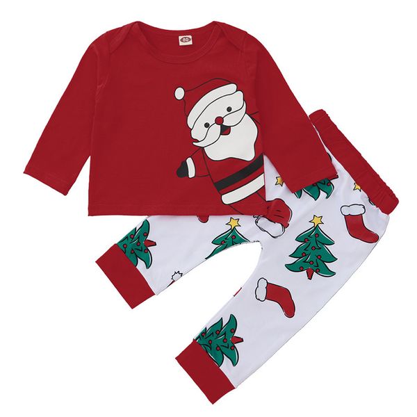 

baby red santa claus print polyester suit middle child christmas home wear set girls boys pajamas and pants two pieces zxh2139, White