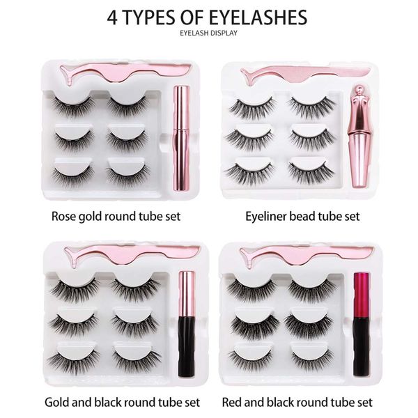 

3 pairs magnetic eyelashes false lashes +liquid eyeliner +tweezer eye makeup set 3d magnet false eyelashes natural reusable no glue needed