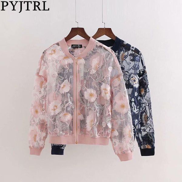 

pyjtrl women's vintage floral embroidery see through jacket women fashion casual coat zipper streetwear outerwear1, Black;brown