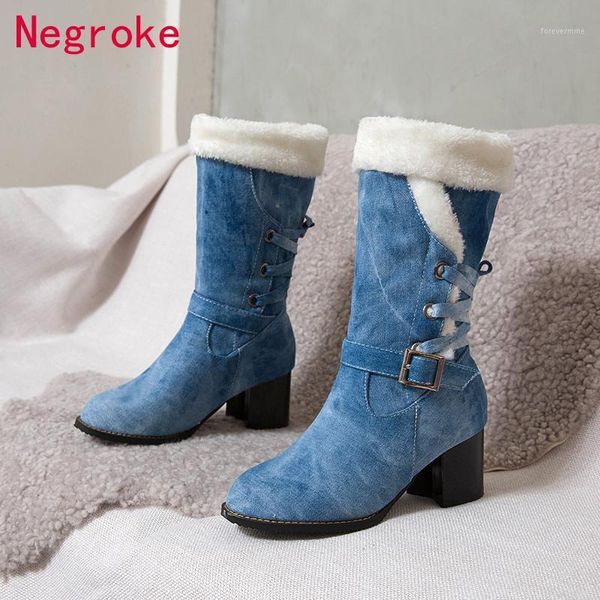 

boots women snow warm thick fur winter shoes plus size 6cm heels ladies mid-calf comfort botas mujer1, Black