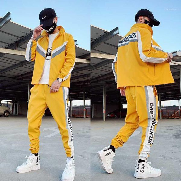 

streetwear 2020 workwear jacket men's jacket+pants 2pc sets baseball loose zipper hip hop coat & long pants mens clothing1, Gray