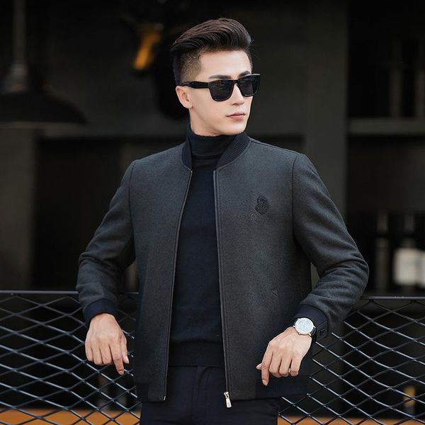 

men's wool & blends of middle-aged and young men high-grade pure color embroidery tweed jacket zipper cloth coat wholesale, Black