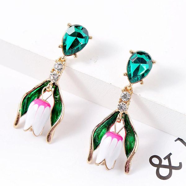 

dangle & chandelier fashion enamel flower drop earrings for women trendy gold metal green crystal earring female party statement jewelry gif, Silver