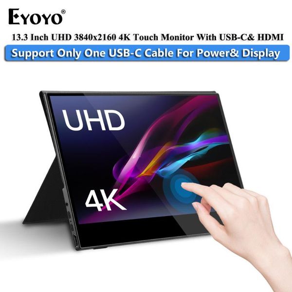 

eyoyo portable gaming monitor 13.3" lcd 4k uhd type c hdmi touch ips 1080p display for ps4 lapphone xbox switch with case