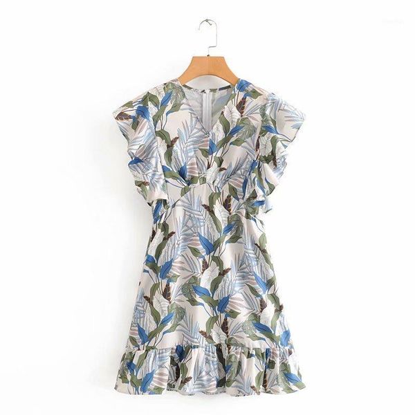 

2020 new women summer v neck print casual slim mini dress femme butterfly sleeve vestido chic ruffles back zipper dresses ds35991, White;black