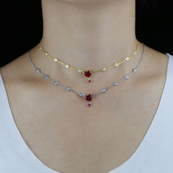 

girlfriend wedding heart necklace with red cz paved station chain choker necklace for women trandy lady girl wholesale 2021, Golden;silver