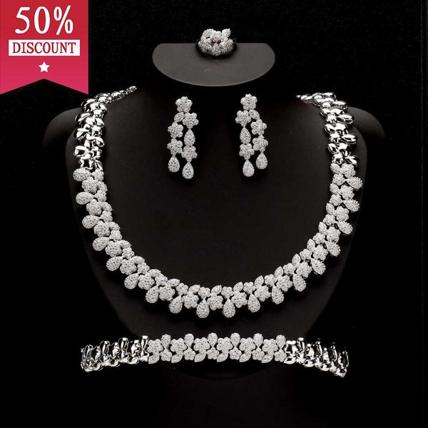 

tirim fashion bride necklace & earrings for women selling dress accessories 4pcs jewelry sets wedding engagement, Silver