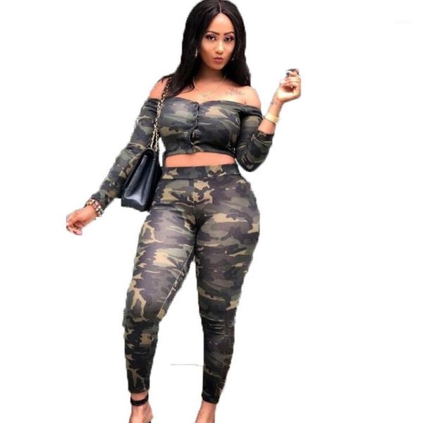 

new casual camouflage two piece set women off the shoulder long sleeve button up crop and pant sets 2 piece outfits1, Gray