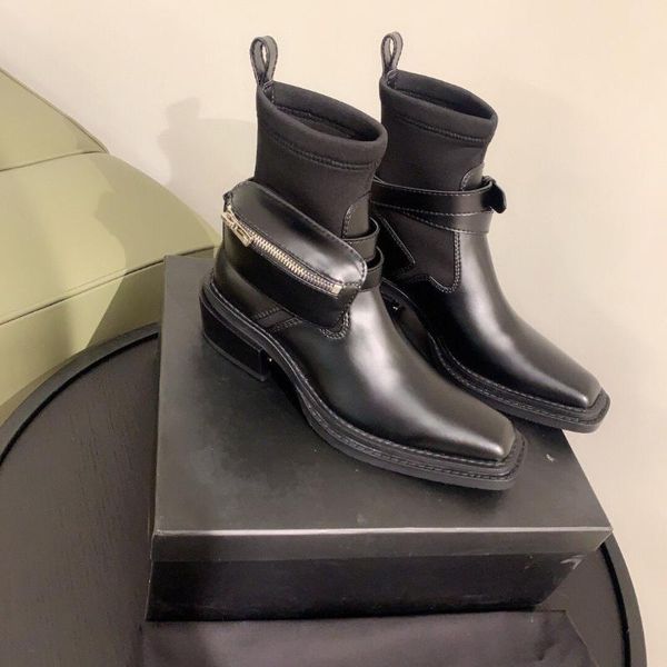 

2020 autumn winter boots women unique pouch decor women boots genuine leather shoes vintage square toe botas de mujer, Black