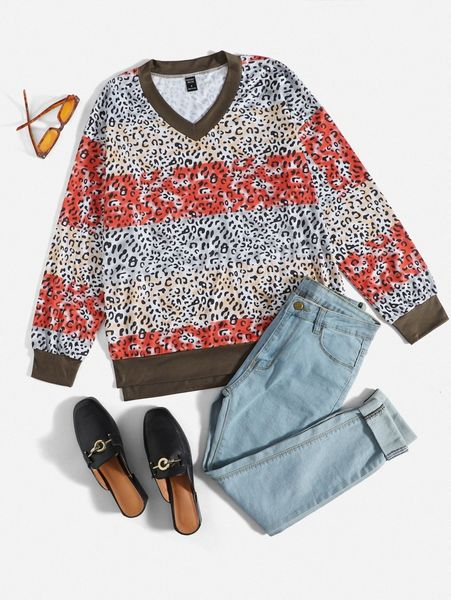 

emery rose leopard print color block sweatshirt f2zb#, White;black