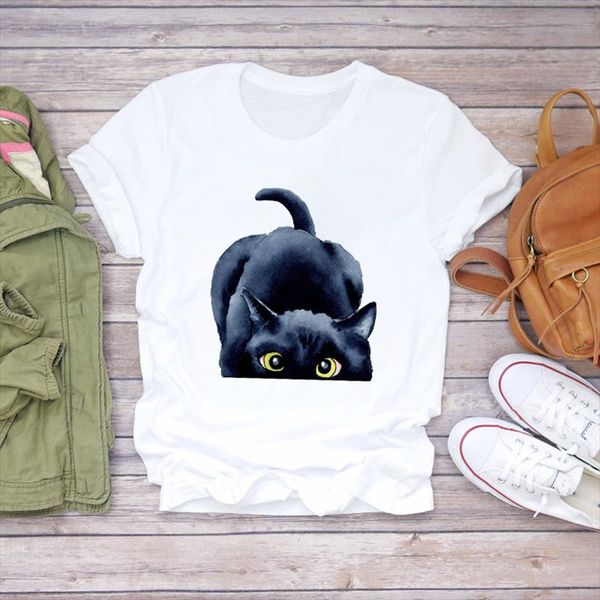 

women cat cute animal watercolor cartoon aesthetic 90s ladies print lady t shirts womens graphic t shirt female tee shirt, White