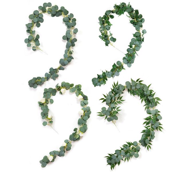 

wedding vines decoration green eucalyptus 2m with rose rattan artificial fake plants ivy wreath wall decor vertical gard